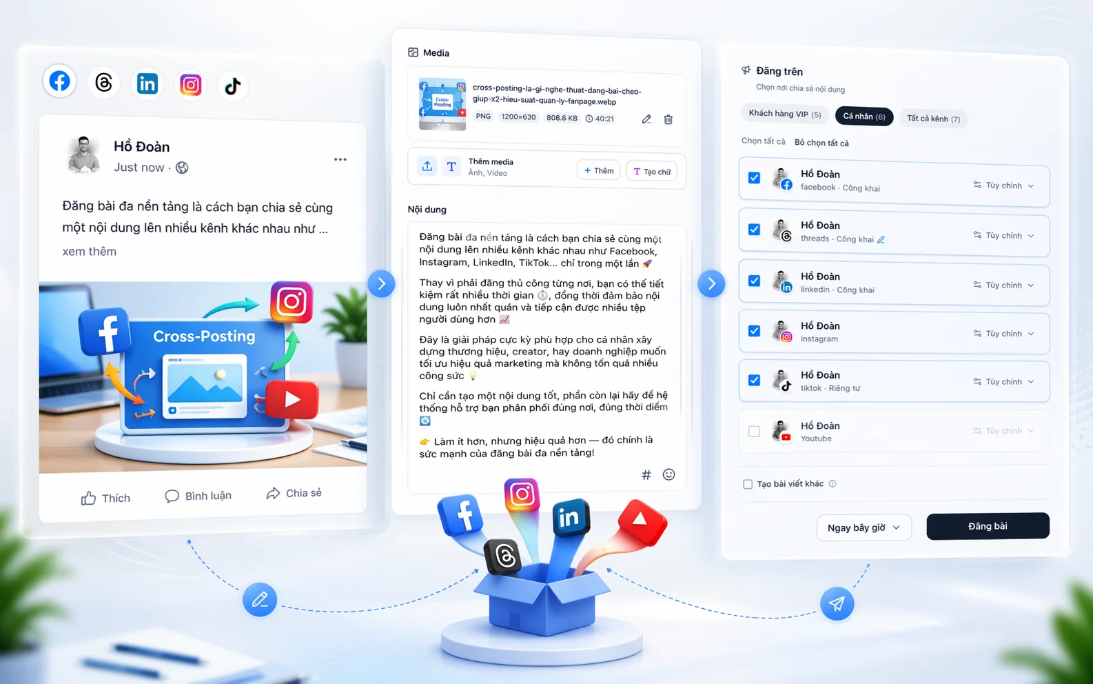 Giao diện tạo bài đăng đa kênh của PostĐaKênh — soạn một lần, đăng đồng thời lên nhiều nền tảng