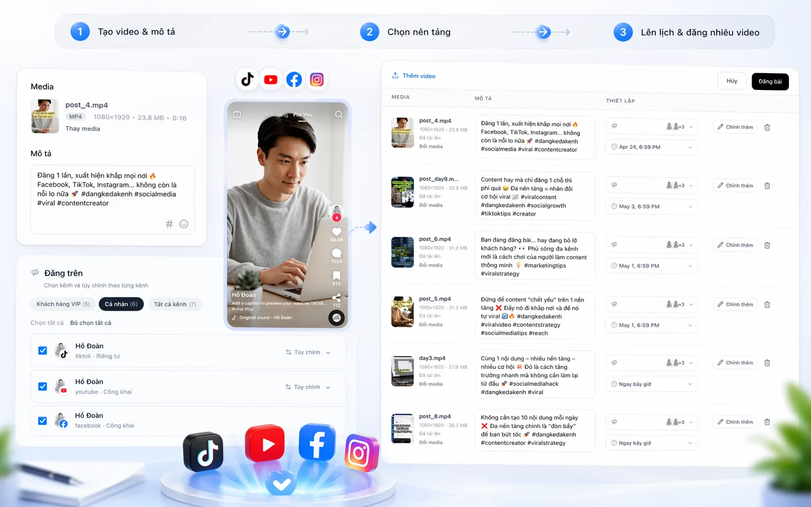 Giao diện lên lịch video ngắn hàng loạt trên TikTok, Instagram Reels và YouTube Shorts