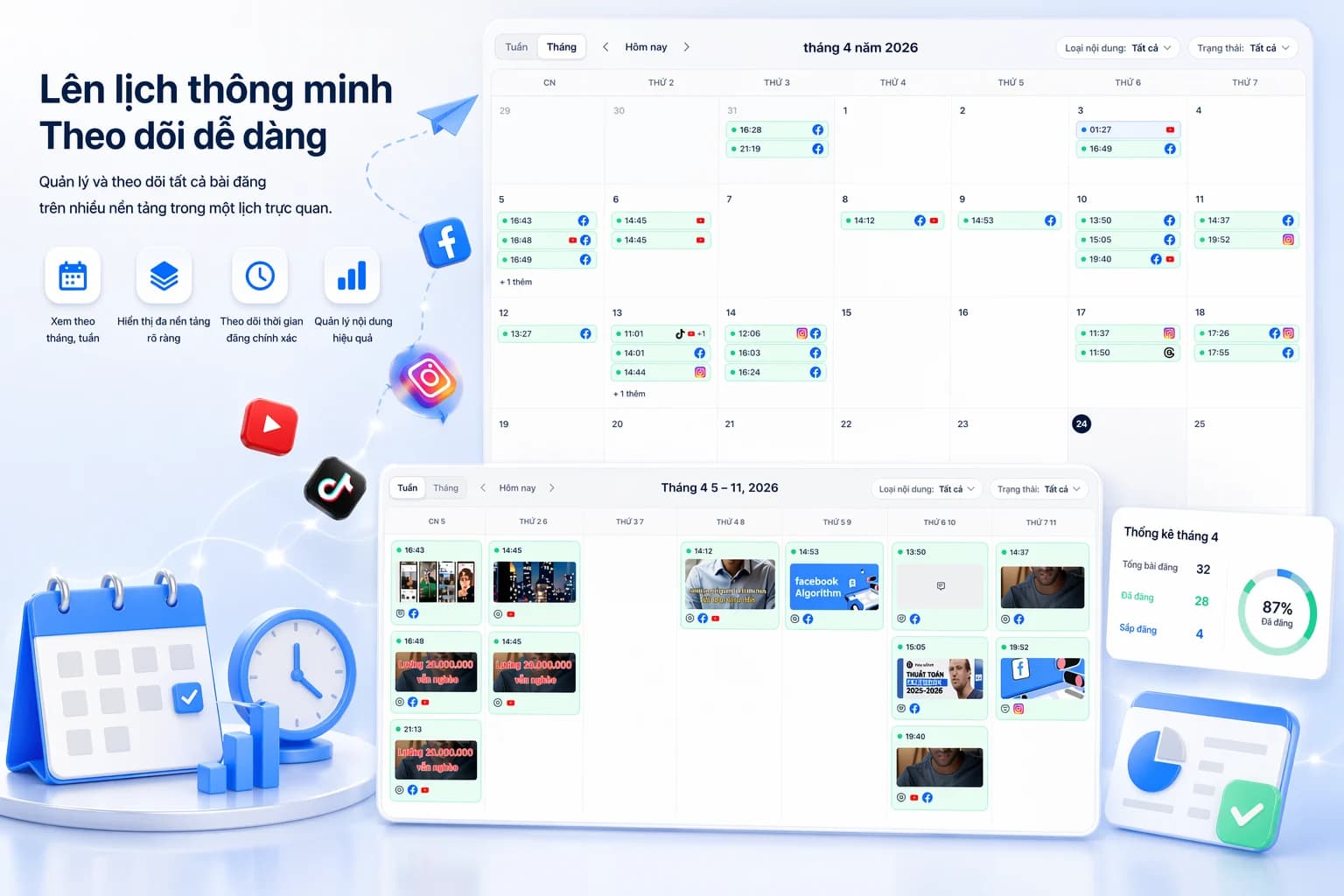 Lịch nội dung dạng tháng của PostĐaKênh hiển thị bài đăng đã lên lịch trên nhiều kênh